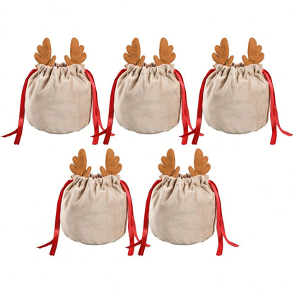 Set Of 5 Christmas Velvet Drawstring Gift Bags With Reindeer Antler Design. Suitable For Organizing Jewelry Or Candy. Santa Gift Bags, Perfect For Holidays, Weddings, And Birthday Party Favors.